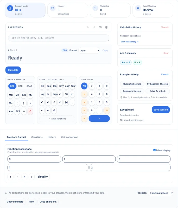 Utilnivo online scientific calculator with expression editor, angle modes, and scientific keypad