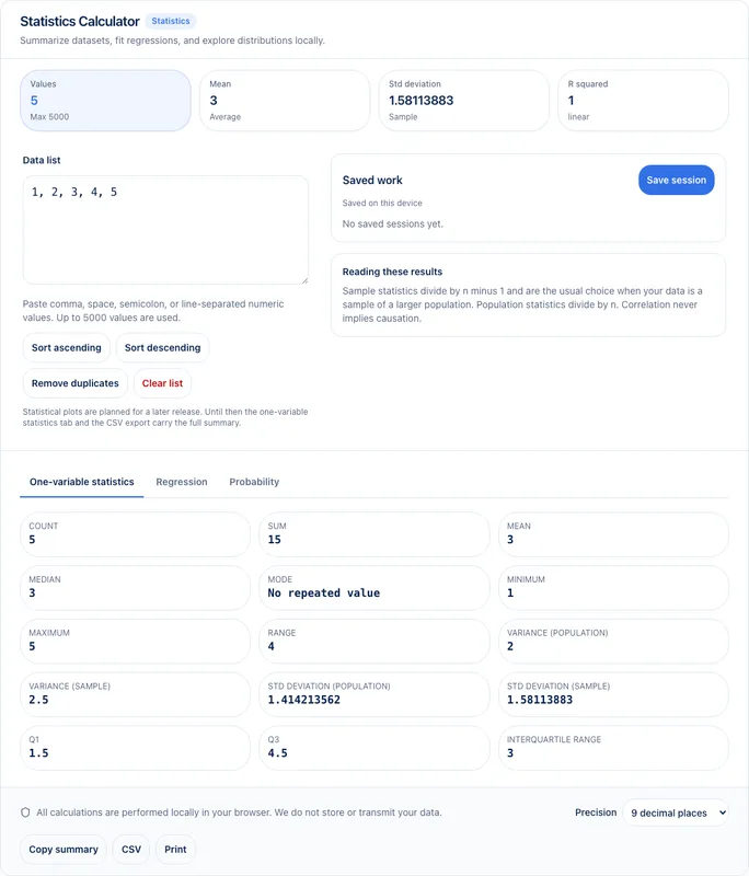 Utilnivo statistics calculator showing data-list summaries and regression tools